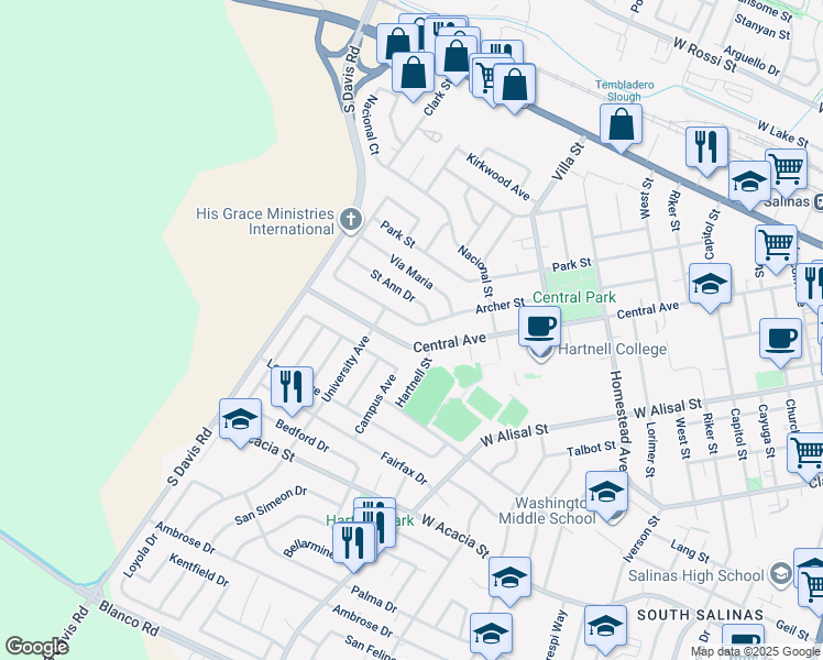 map of restaurants, bars, coffee shops, grocery stores, and more near 2 Archer Street in Salinas
