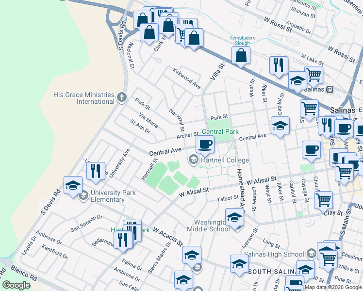 map of restaurants, bars, coffee shops, grocery stores, and more near 606 Central Avenue in Salinas