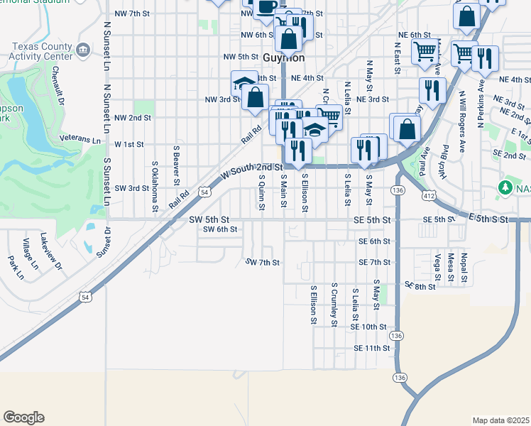 map of restaurants, bars, coffee shops, grocery stores, and more near 405 South Quinn Street in Guymon