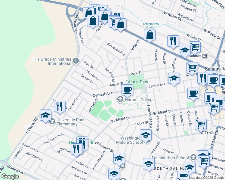 map of restaurants, bars, coffee shops, grocery stores, and more near 606 Central Avenue in Salinas