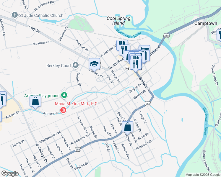 map of restaurants, bars, coffee shops, grocery stores, and more near 404 West 1st Avenue in Franklin