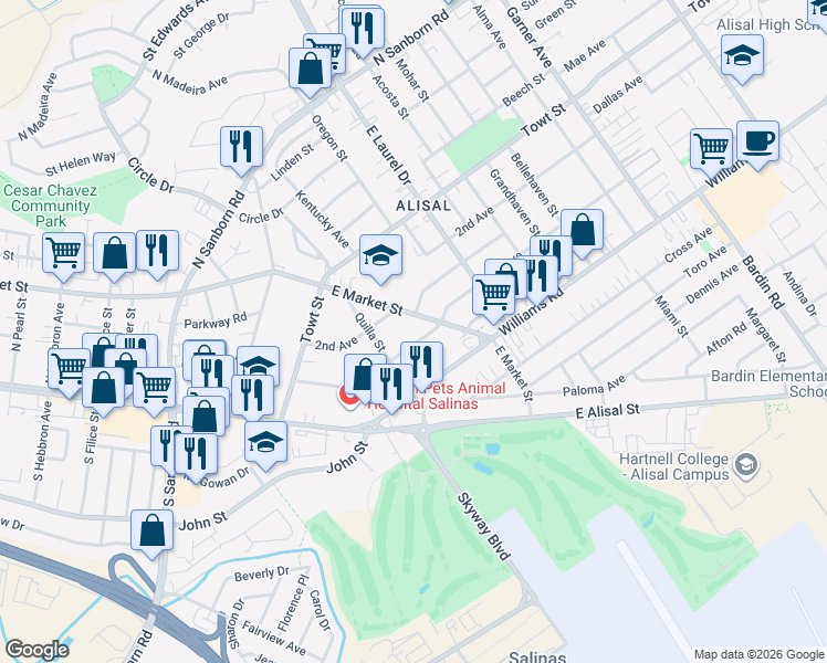 map of restaurants, bars, coffee shops, grocery stores, and more near 1317 1st Avenue in Salinas