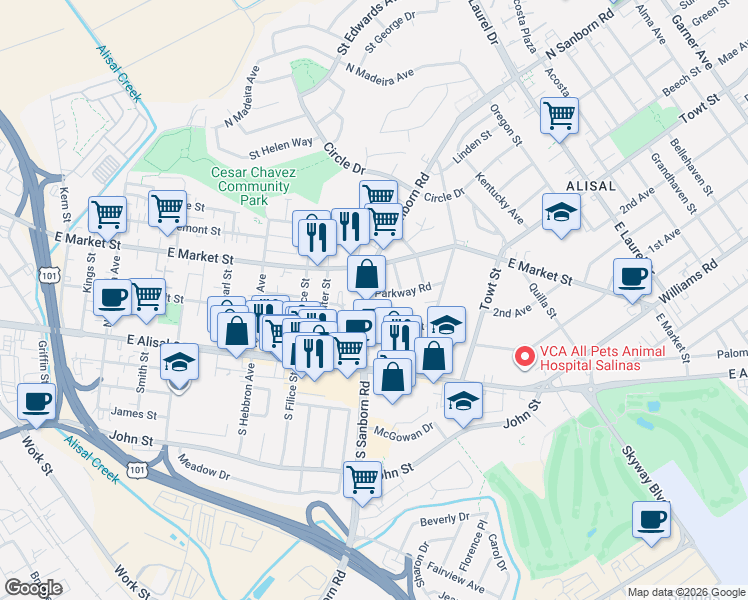 map of restaurants, bars, coffee shops, grocery stores, and more near 6o North Sanborn Road in Salinas