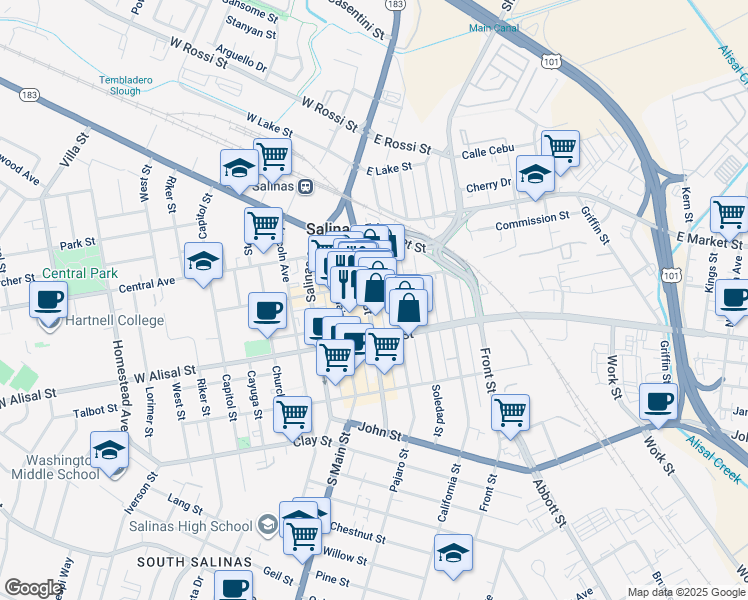 map of restaurants, bars, coffee shops, grocery stores, and more near 226 Pajaro Street in Salinas