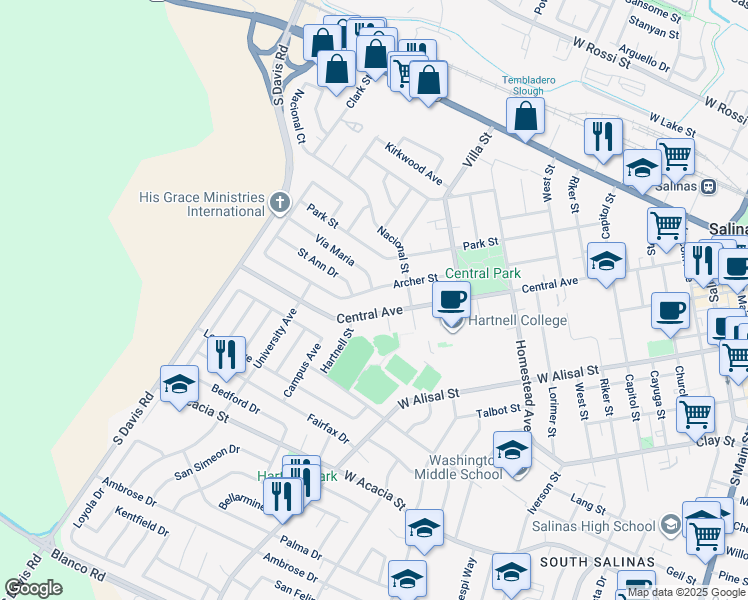 map of restaurants, bars, coffee shops, grocery stores, and more near 632 Central Avenue in Salinas