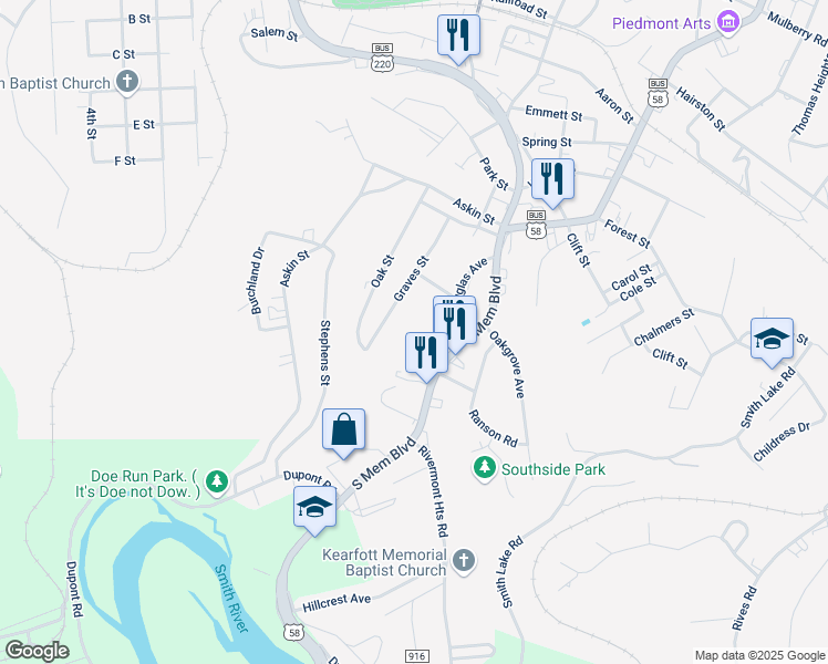map of restaurants, bars, coffee shops, grocery stores, and more near 1120 Douglas Avenue in Martinsville