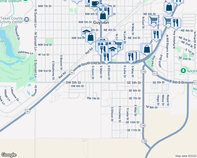 map of restaurants, bars, coffee shops, grocery stores, and more near 405 South Quinn Street in Guymon
