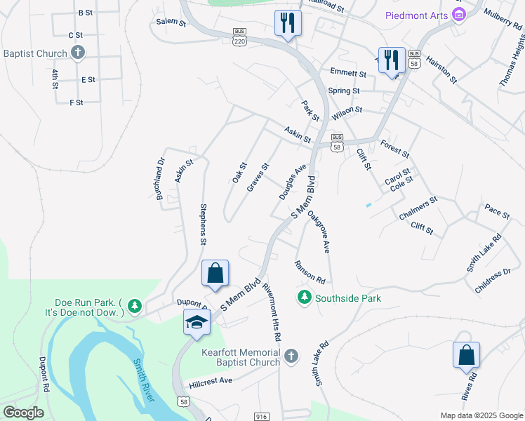 map of restaurants, bars, coffee shops, grocery stores, and more near 1120 Douglas Avenue in Martinsville