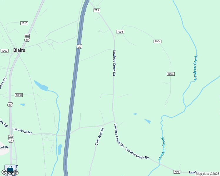 map of restaurants, bars, coffee shops, grocery stores, and more near 1296 Lawless Creek Road in Blairs