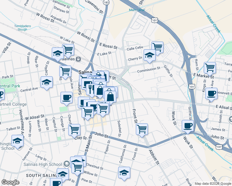 map of restaurants, bars, coffee shops, grocery stores, and more near 219 Soledad Street in Salinas