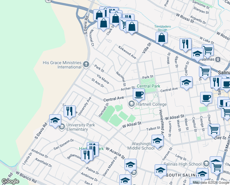 map of restaurants, bars, coffee shops, grocery stores, and more near 632 Central Avenue in Salinas
