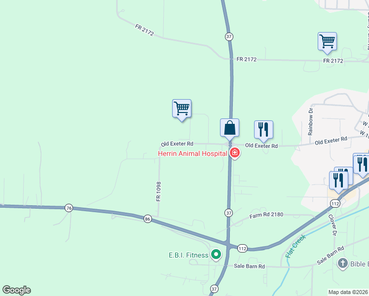 map of restaurants, bars, coffee shops, grocery stores, and more near 1400 Farm Road 2280 in Cassville