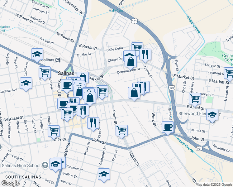 map of restaurants, bars, coffee shops, grocery stores, and more near 245 Front Street in Salinas