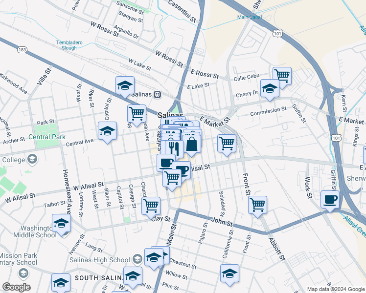 map of restaurants, bars, coffee shops, grocery stores, and more near East Gabilan Street in Salinas
