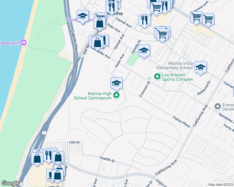 map of restaurants, bars, coffee shops, grocery stores, and more near 298 Patton Parkway in Marina