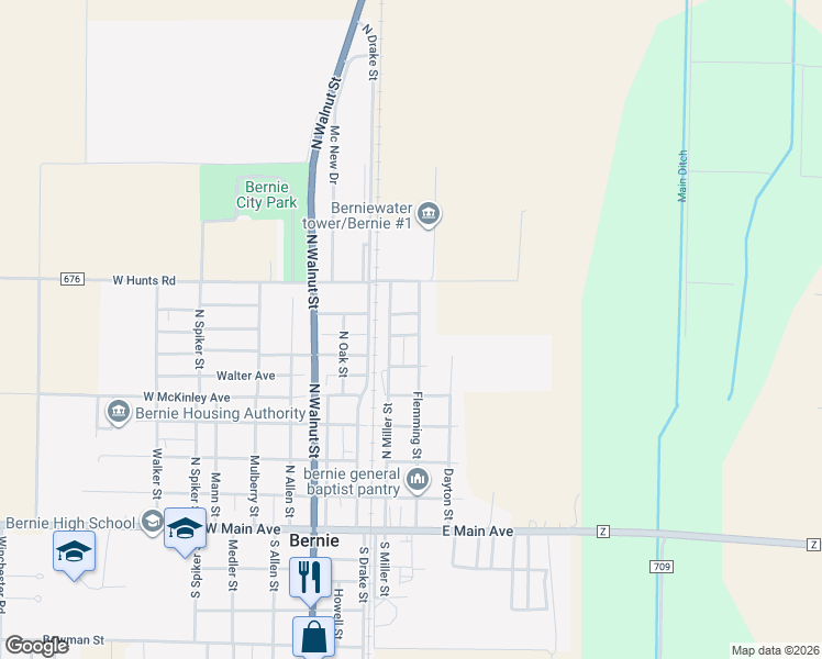 map of restaurants, bars, coffee shops, grocery stores, and more near 609 North Miller Street in Bernie