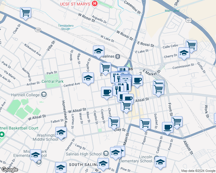 map of restaurants, bars, coffee shops, grocery stores, and more near in Salinas