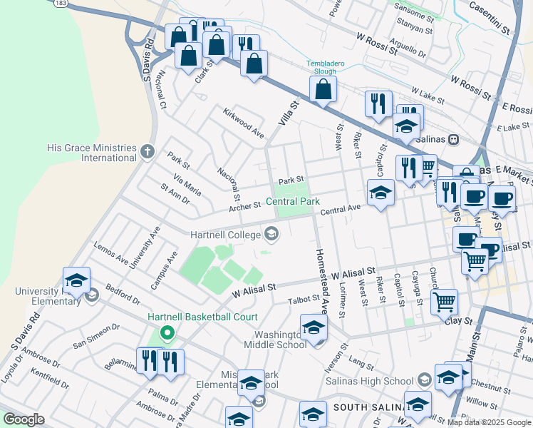 map of restaurants, bars, coffee shops, grocery stores, and more near 411 Central Avenue in Salinas