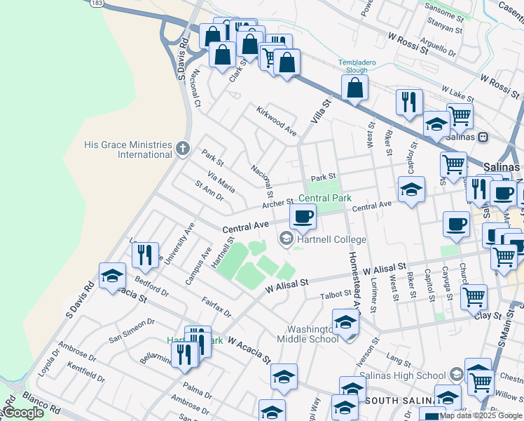 map of restaurants, bars, coffee shops, grocery stores, and more near 602 Central Avenue in Salinas