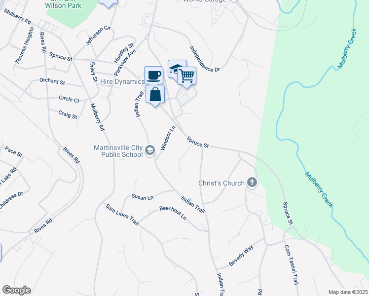map of restaurants, bars, coffee shops, grocery stores, and more near 704 Auburn Place in Martinsville