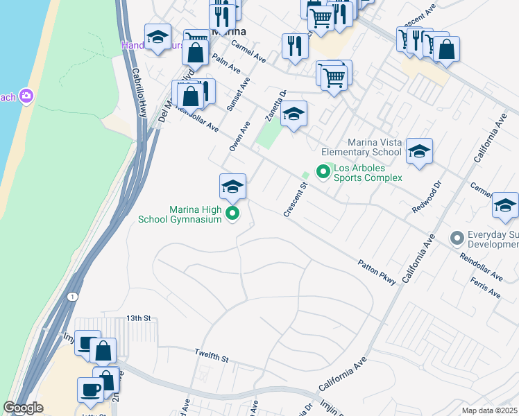 map of restaurants, bars, coffee shops, grocery stores, and more near 2998 Rendova Road in Marina