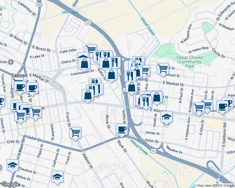 map of restaurants, bars, coffee shops, grocery stores, and more near 257 Griffin Street in Salinas