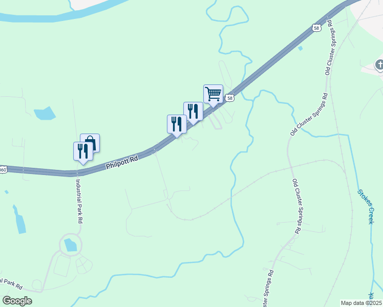 map of restaurants, bars, coffee shops, grocery stores, and more near 1015 Crestview Trail in South Boston