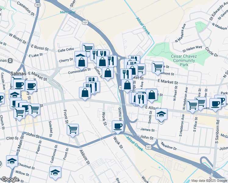 map of restaurants, bars, coffee shops, grocery stores, and more near 257 Griffin Street in Salinas