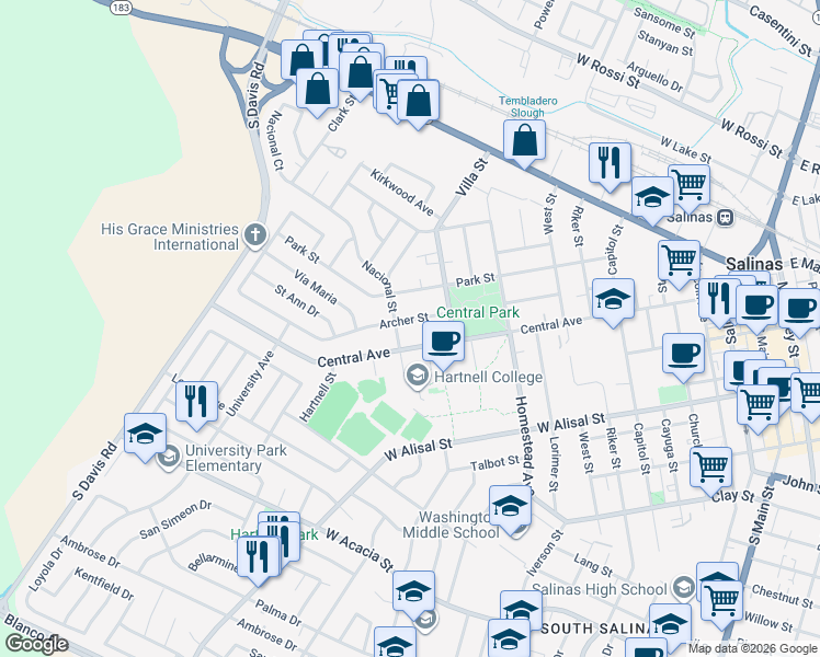 map of restaurants, bars, coffee shops, grocery stores, and more near 602 Central Avenue in Salinas