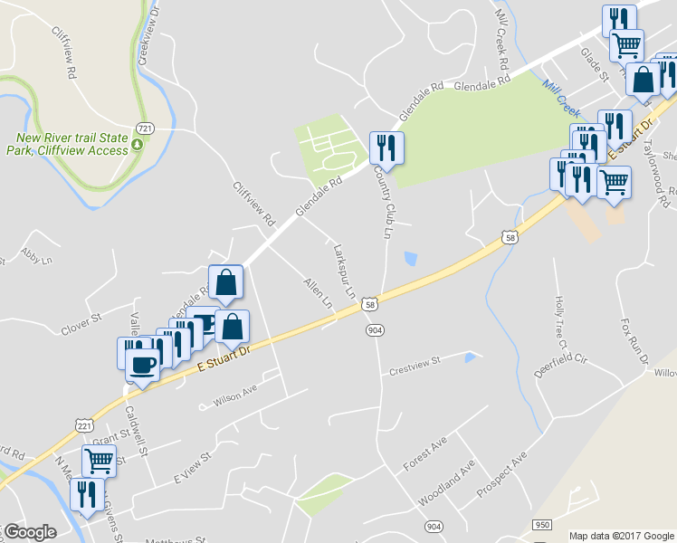 map of restaurants, bars, coffee shops, grocery stores, and more near 140 Larkspur Lane in Galax