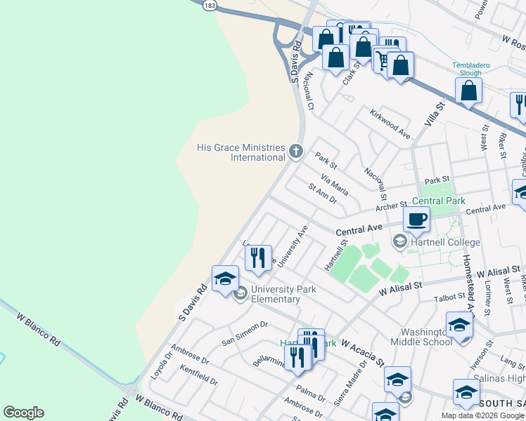 map of restaurants, bars, coffee shops, grocery stores, and more near 643 Columbia Avenue in Salinas