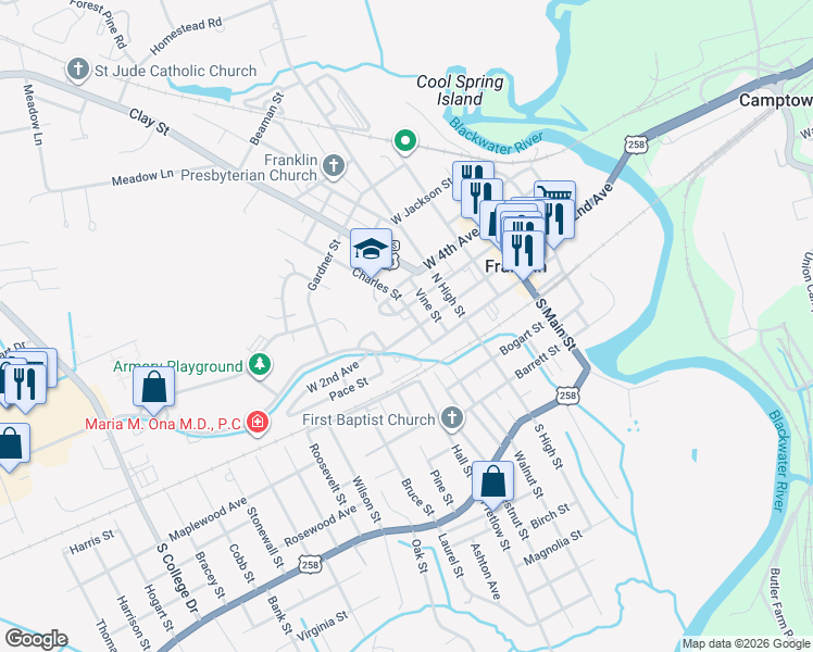map of restaurants, bars, coffee shops, grocery stores, and more near 517 West 2nd Avenue in Franklin