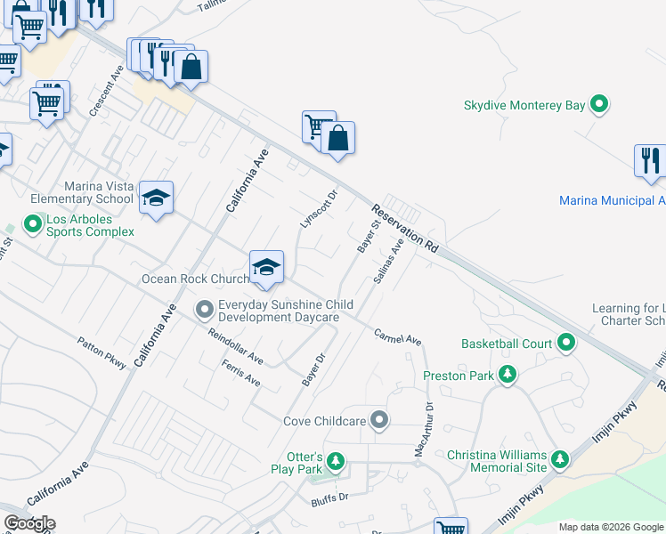 map of restaurants, bars, coffee shops, grocery stores, and more near 499 Crivello Road in Marina