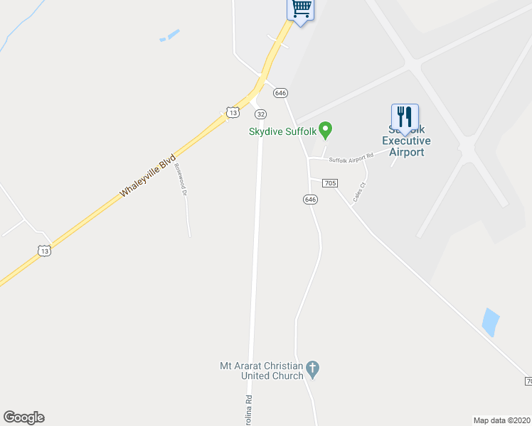 map of restaurants, bars, coffee shops, grocery stores, and more near 1616 Carolina Road in Suffolk