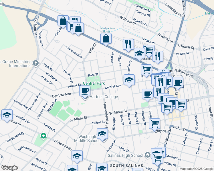 map of restaurants, bars, coffee shops, grocery stores, and more near 330 Central Avenue in Salinas