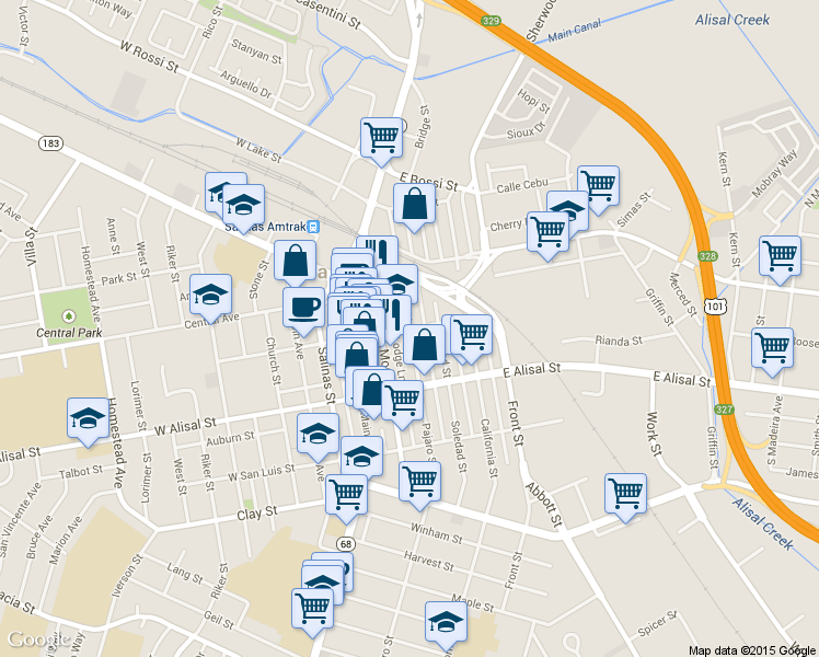 map of restaurants, bars, coffee shops, grocery stores, and more near East Gabilan Street in Salinas