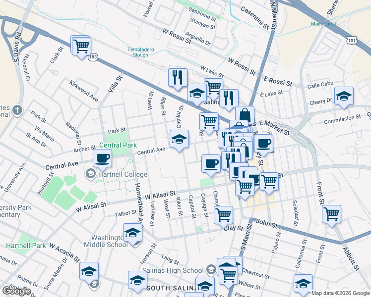 map of restaurants, bars, coffee shops, grocery stores, and more near 154 Central Avenue in Salinas