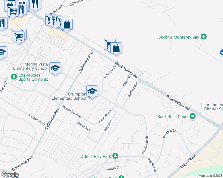 map of restaurants, bars, coffee shops, grocery stores, and more near 499 Crivello Road in Marina