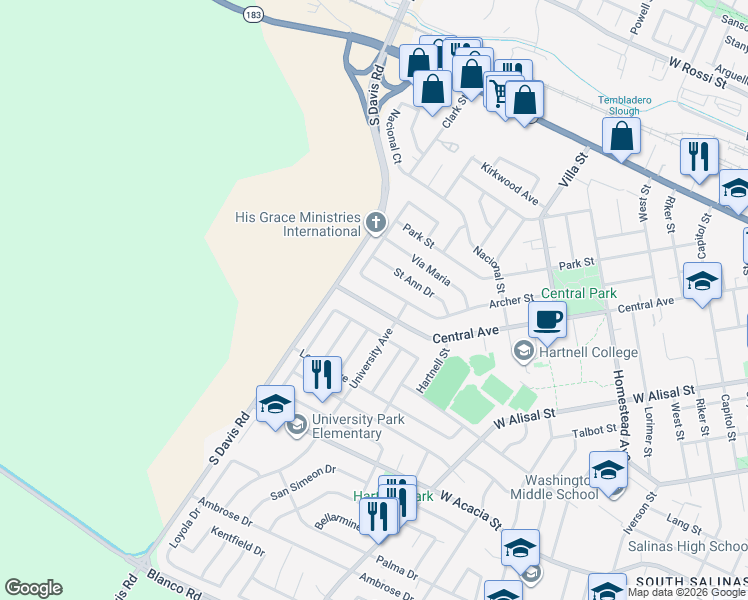 map of restaurants, bars, coffee shops, grocery stores, and more near 826 Central Avenue in Salinas
