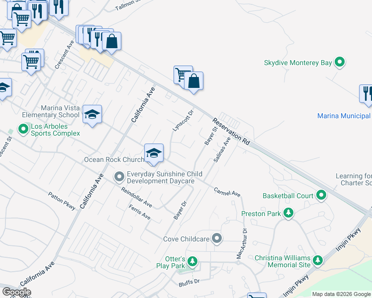 map of restaurants, bars, coffee shops, grocery stores, and more near 478 Crivello Road in Marina