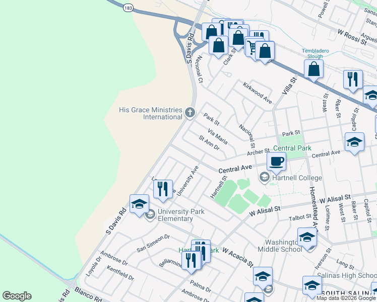 map of restaurants, bars, coffee shops, grocery stores, and more near 826 Central Avenue in Salinas