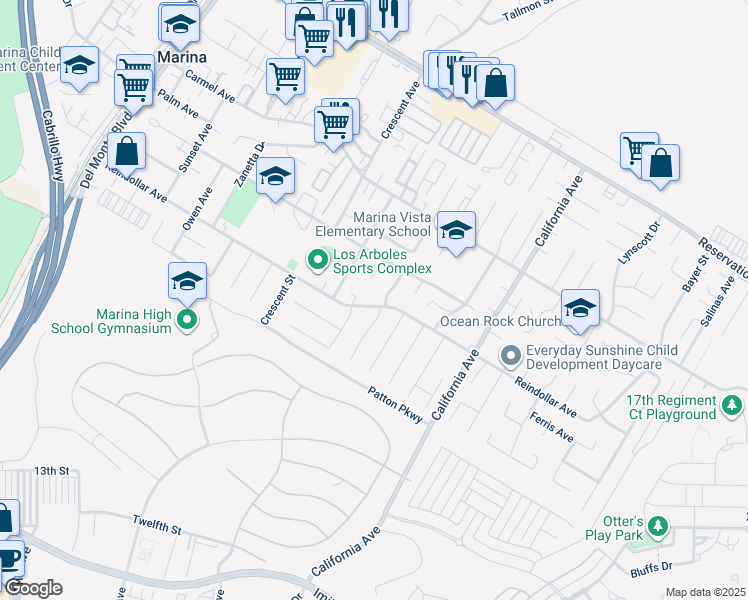 map of restaurants, bars, coffee shops, grocery stores, and more near 359 Reindollar Avenue in Marina