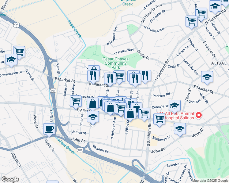 map of restaurants, bars, coffee shops, grocery stores, and more near 678 East Market Street in Salinas