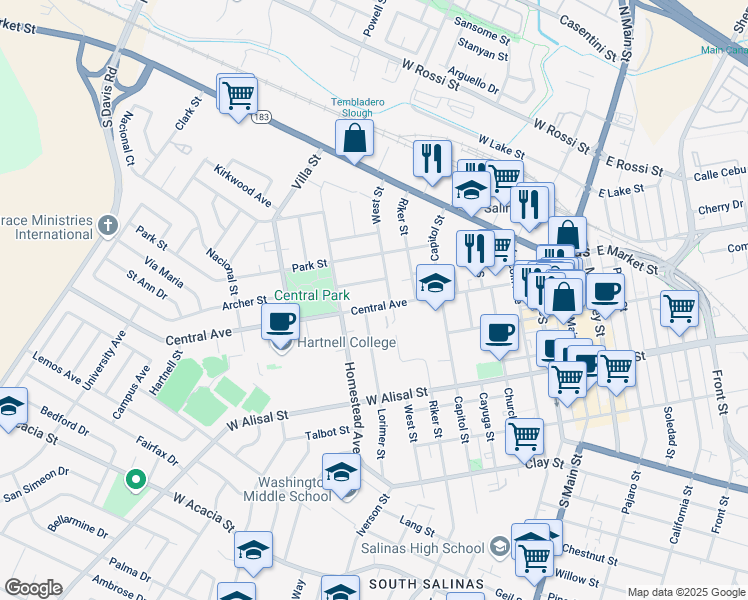 map of restaurants, bars, coffee shops, grocery stores, and more near 312 Central Avenue in Salinas
