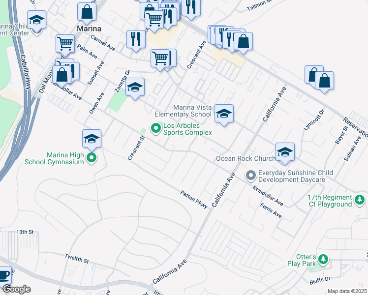 map of restaurants, bars, coffee shops, grocery stores, and more near 359 Reindollar Avenue in Marina