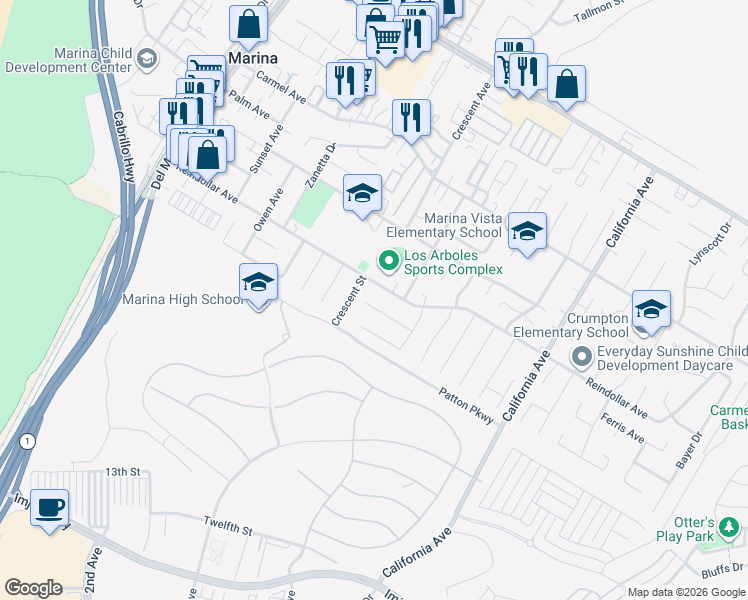 map of restaurants, bars, coffee shops, grocery stores, and more near 322 Reindollar Avenue in Marina