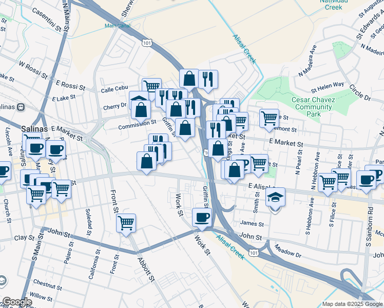 map of restaurants, bars, coffee shops, grocery stores, and more near 8 Neil Street in Salinas