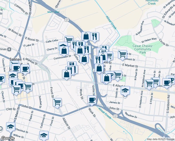 map of restaurants, bars, coffee shops, grocery stores, and more near 8 Neil Street in Salinas