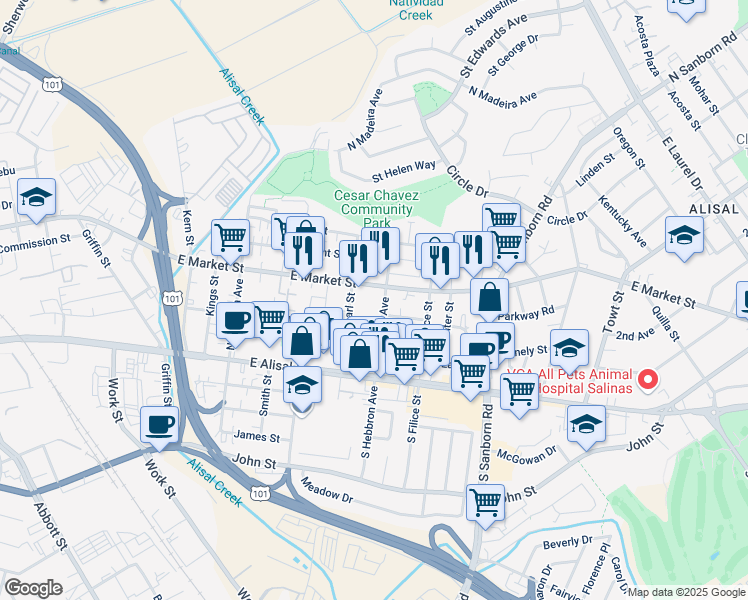 map of restaurants, bars, coffee shops, grocery stores, and more near 678 East Market Street in Salinas