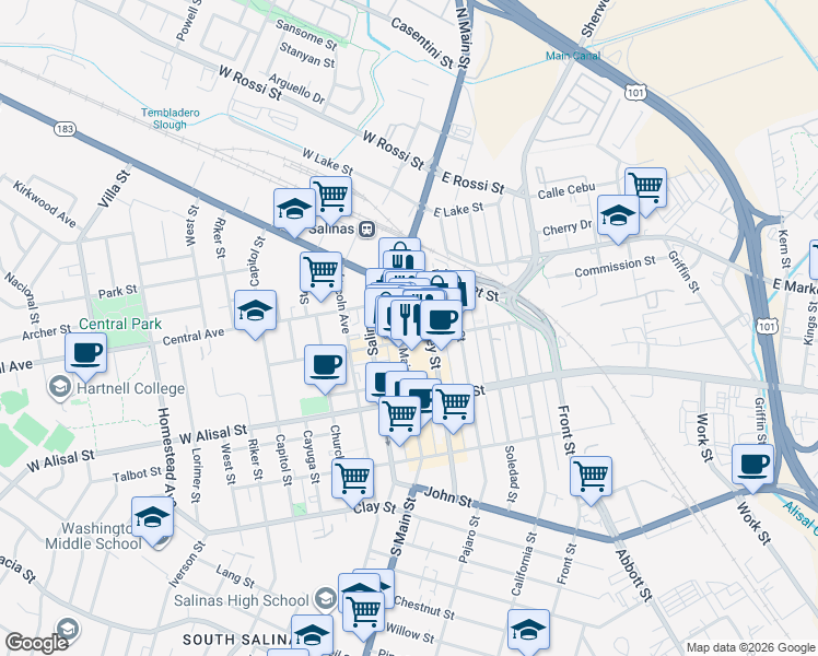 map of restaurants, bars, coffee shops, grocery stores, and more near 198 Monterey Street in Salinas